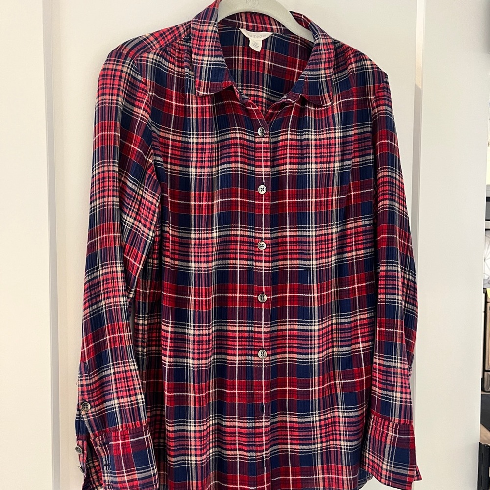 Adorable Caslon plaid shirt in blue and red.  Gauze fabric not flannel!
